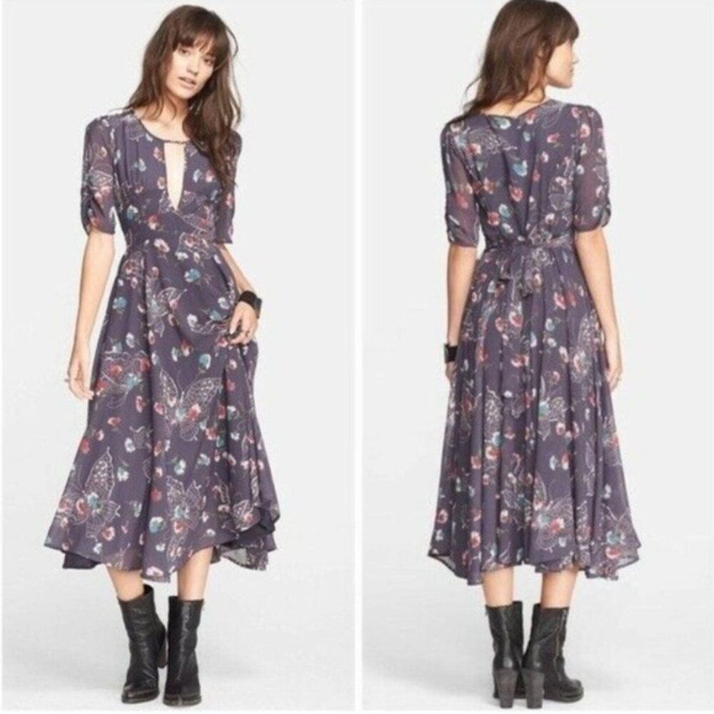 NEW Free People 2 XS Bonnie Floral Coquette CottageCore Dress Blue Fit Flare Tie - Picture 7 of 15